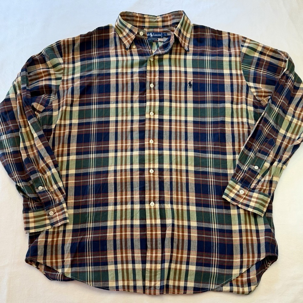 Ralph Lauren Plaid Shirt Men's Large Button Down Cotton Long Sleeve Lightweight